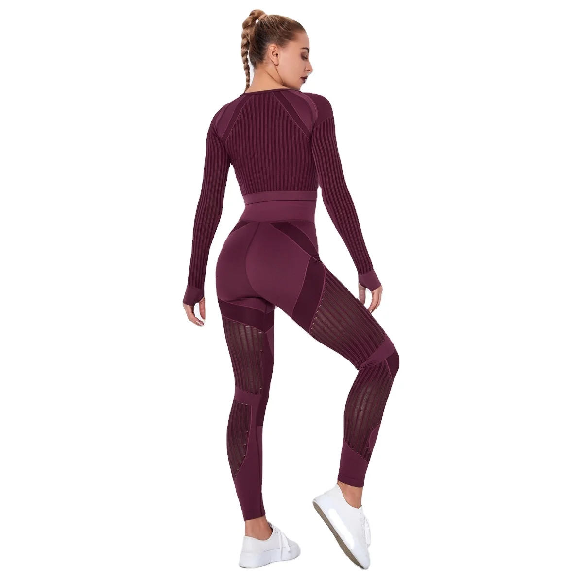 

Activewear Seamless Mesh Seamless Yoga Set Quick-Drying Sports Workout Tops Striped Fitness Gym Running Pants Sport Suit Woman, As shown