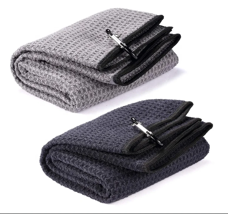 

Hot Selling Tri-fold Golf Towel Set Microfiber Fabric Waffle Pattern Towels with heavy carabiner, Multiple