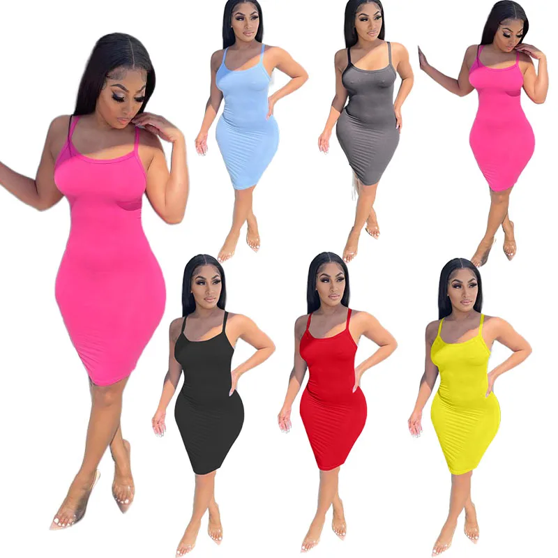 

2021 cheaper Large-size 3XL sexy solid color simple suspender mid-skirt low neck collar dress club night wear ladies wear