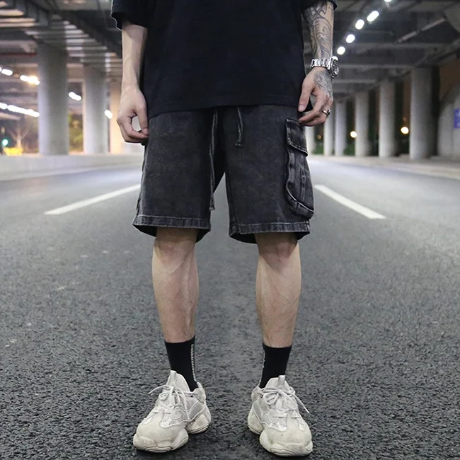 

Stock washed distressed mens denim shorts dropshipping hip hop mens cargo shorts