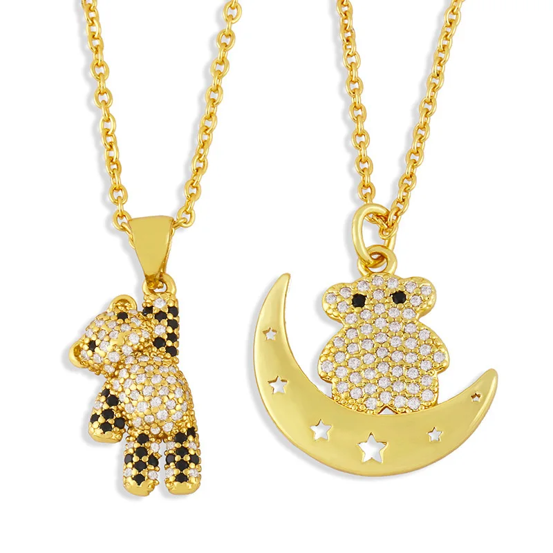 

NZ1219 popular 18k gold plated brass colored CZ diamond mirco pave charms teddy bear moon Pendant Necklaces