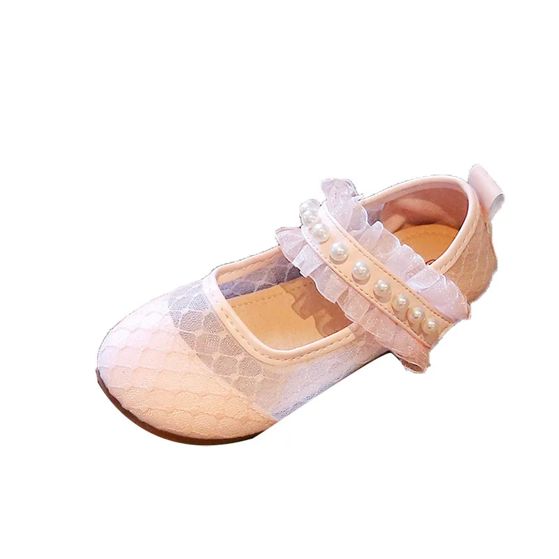 

Calicokiki 2022 Kids Princess Shoes Lace Mesh Hollow Pearl Girls Shoes, Pink/beige