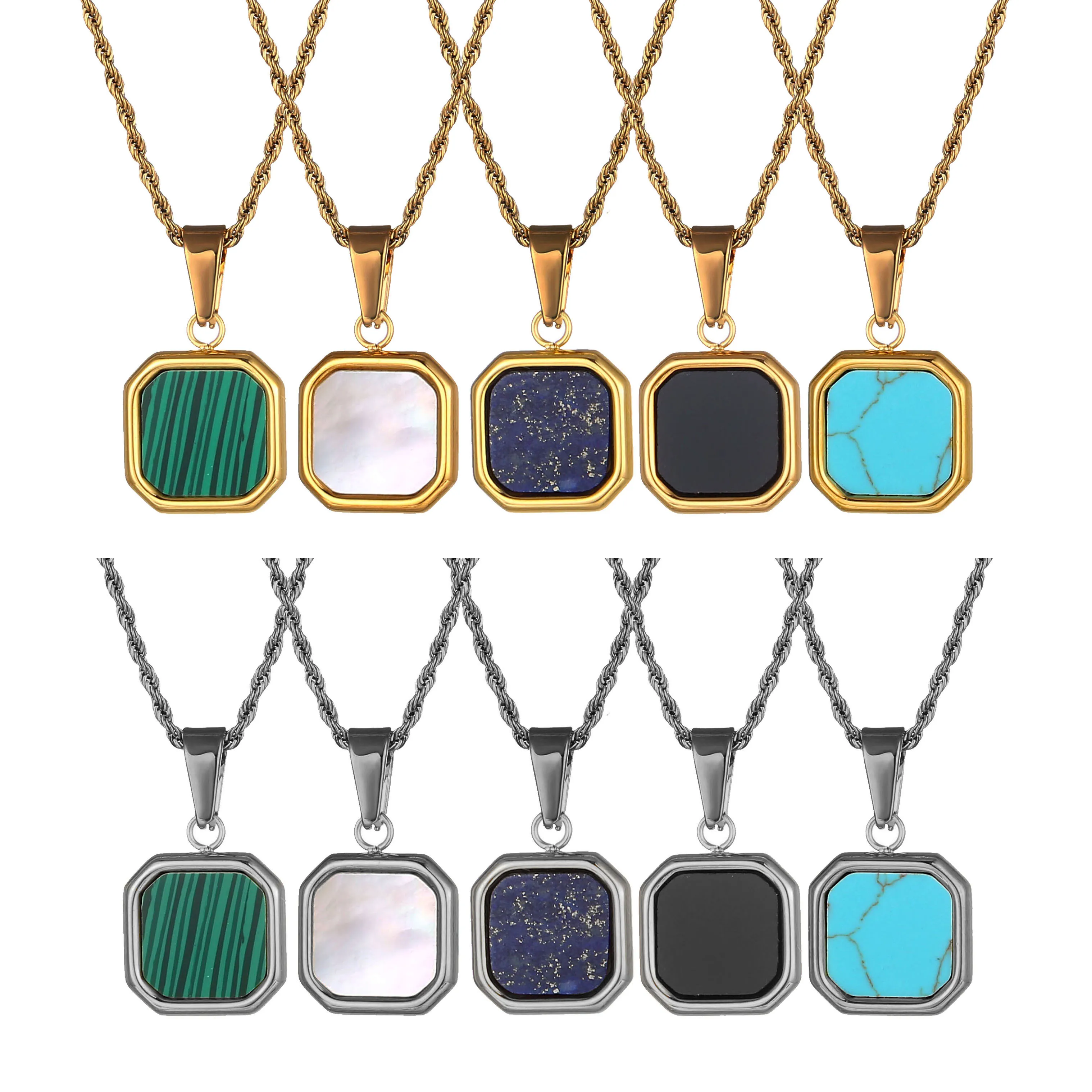 

Custom Fashion Wholesale 18k Gold Plated Lapis Lazuli Natural Stone Pendant Square Turquoise Necklaces Stainless Steel Jewelry