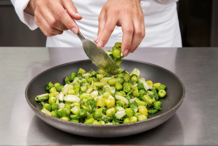 Chef preparing vegetable dish with celery and dill as fennel substitutes in professional kitchen