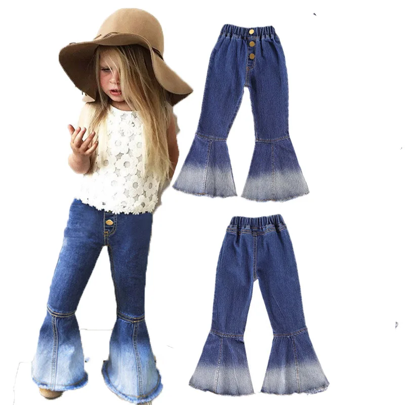 

New Casual Denim Bell Bottom Pants Jeans Toddler Baby Kids Girls Flare Jeans Pants Wide Leg Trousers 2-7Yrs