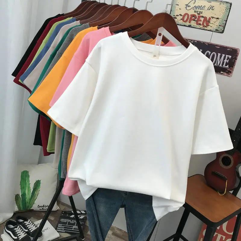 

Dropshipping high quality summer basic t shirt blank women multicolor simples round blank plain neck t-shirt