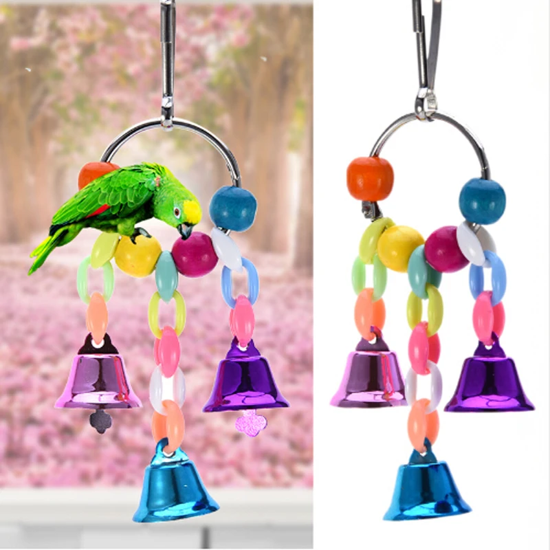 

Colorful Beads Bells Parrot Toys Suspension Hanging Bridge Chain Pet Bird Parrot Chew Swing Toys Bird Cage Home Decoration Tools, As photo