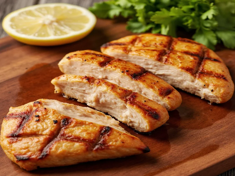 Juicy grilled chicken breast on cutting board