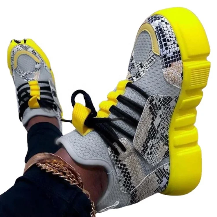 

2021 spring new round head snake print mesh low-top mid-heel women's sneakers large size European and American wholesale, Yellow,red