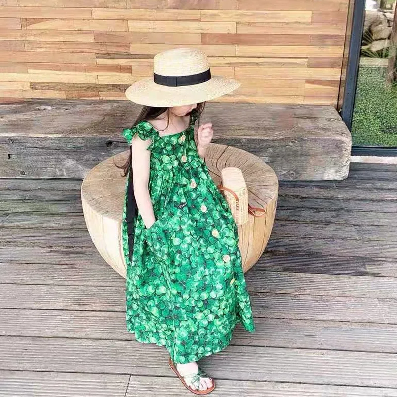

wholesale kids beach Dress Summer Prints Kids Dresses Girl Children fly sleeve Princess dress, As image shown