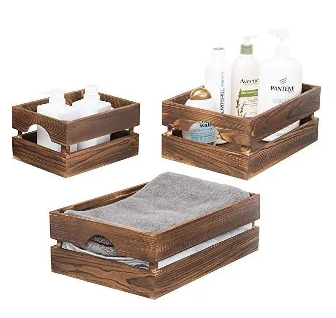

Amazon solid wood retro wood storage baskets for fruits, toiletries, Wood color