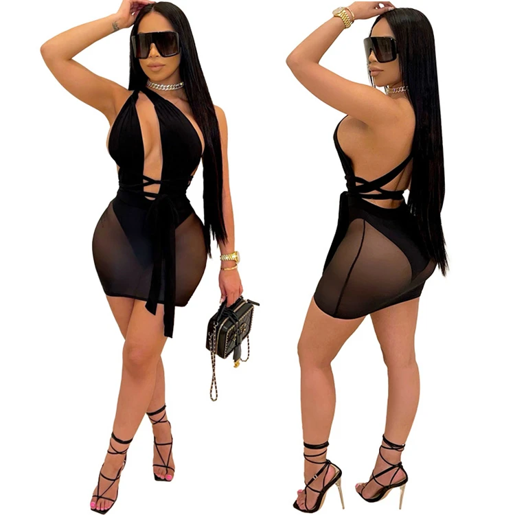 

DUODUOCOLOR False two pieces solid color sleeveless plus size see through women short dresses sexy club clothing D98114