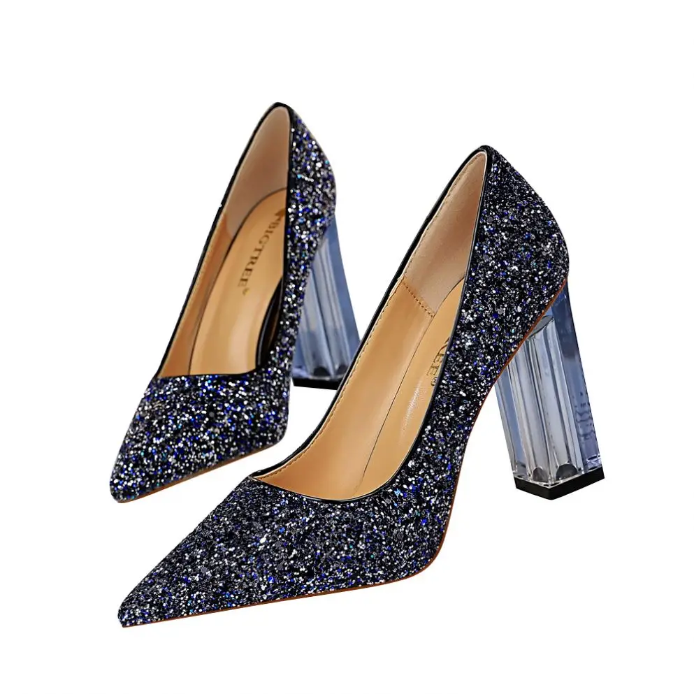 

H yeheler Zapatos de novia European Fashion Transparent Heel Pointed Sexy Shoes Women Ladies Heel Shiny Party Shoes 2020, 7colors