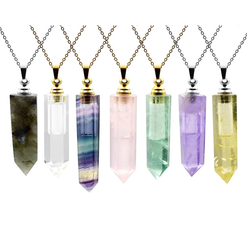 

Natural Amethyst Citrine Gemstone Crystal Point Perfume Bottle Pendant Necklace for Essential Oil Vial Stainless Steel Jewelry, Rainbow