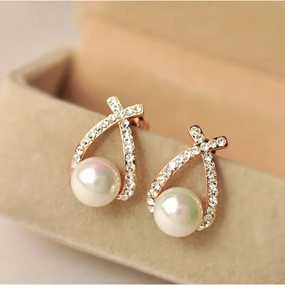 

Korean Elegant Cute Pearl Crystal Earrings Gold Silver Color Cross Crystal Stud Earrings for Women and Girls