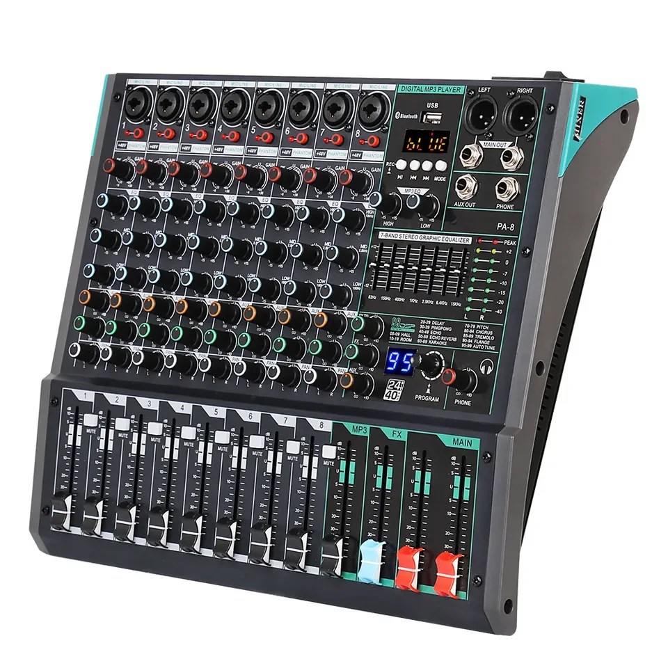 Professional Console Mp3 Computer Input Built-in 99 Reverb Effect 8 Channel Digital Audio Mixer with Usb Bluetooth Audio Mixer