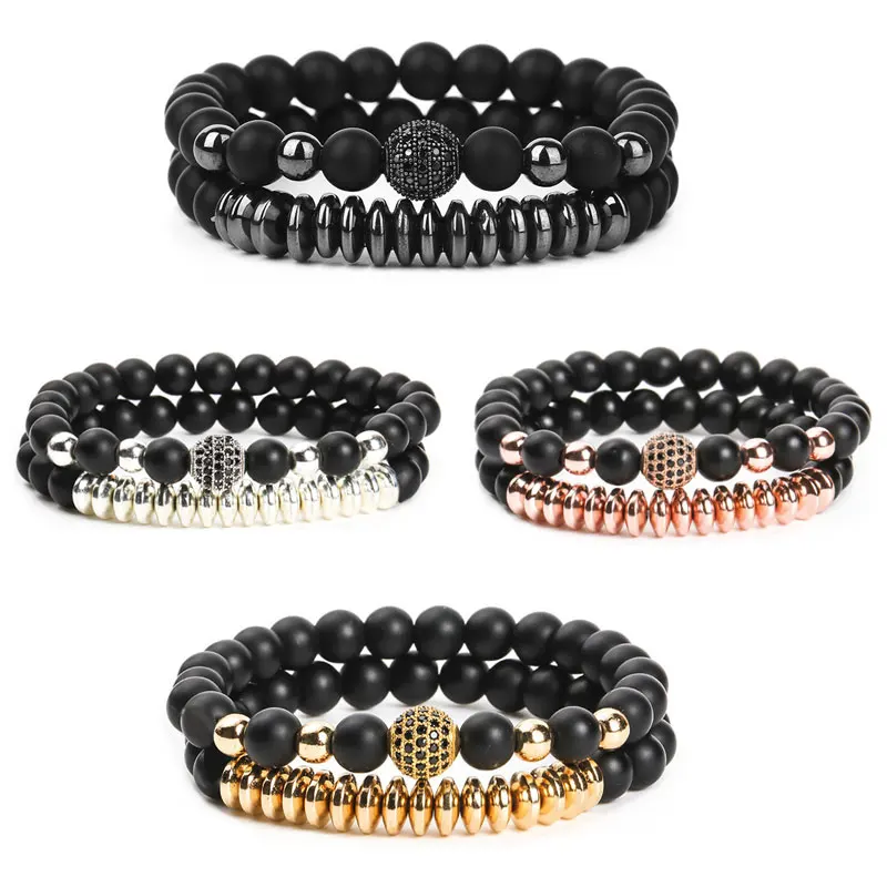 

Elastic Natural Stone Bracelet Matt Onyx Hematite Zircon Plated Bracelet 2pcs/Set ST082, As the pictures