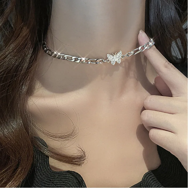 

RFJEWEL Amazon hot selling diamond butterfly necklace women silver collarbone chain choker short style for women girl