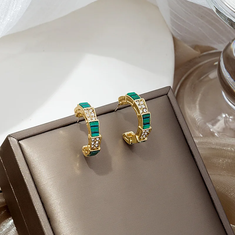 

European Elegant Design S925 Needle Real Gold Plating Turquoise Hoop Earrings Micro Pave CZ Earrings For Women Girl