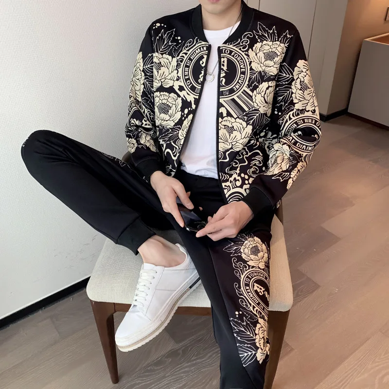 

2021 Fall fashion print plus size men's jackets casual sports suit slim men 2 piece set, Picture color