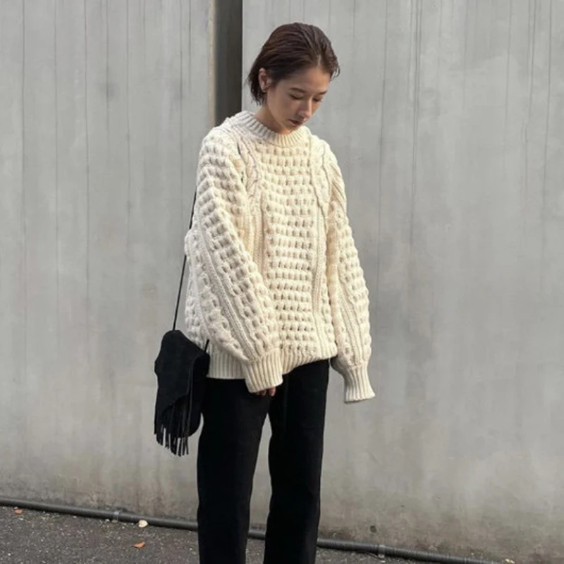 

Hollow Out Plain Twist Korean Pullovers Loose Knitted Womens Sweaters