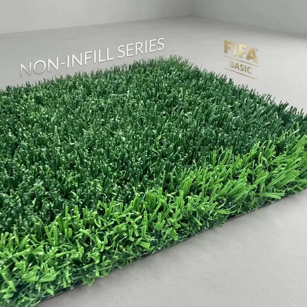 Non-infill series artificial turf sample with the FIFA Basic badge
