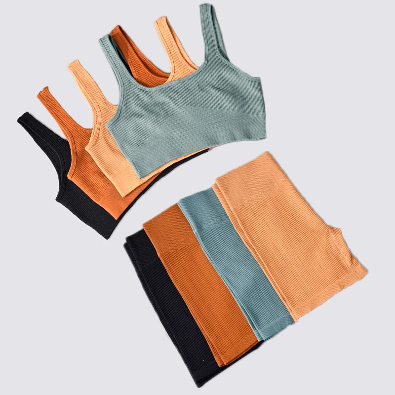 

TZ4319 4pcs ribbed workout suitwear sport crop top bra high waist leggings yoga 2 piece set seamless