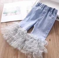 

2020 New Spring Fashion Girl Light Blue Jeans Cute Toddler Girl Ruffle Tulle Patchwork Denim Jean Pants for 2-6T