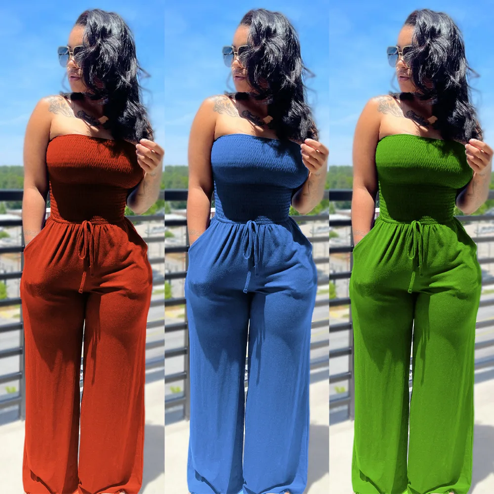 

Newest Design string jumpsuit 2021 Summer Wide Leg Pants jumpsuit Solid color matte strapless wide-leg jumpsuit, As picture or customized make