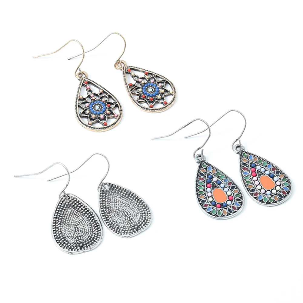 

Vintage 3PC/Set Alloy Jewelry Ancient gold Silver Bohemia Flower Tear Drop Dangle Earrings For Women