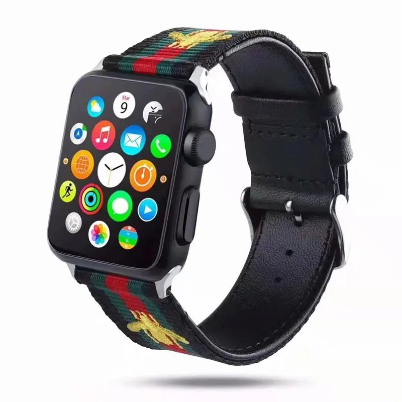 

dongguan quick shipping in one day nylon leather stripe watch band for gg apple watch band charm bee