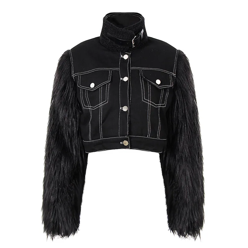 

2020 Furry Jacket for Women Lamb Turtleneck Thick Winter Coat Short Jacket Stitching Fur Denim Jackets, Black