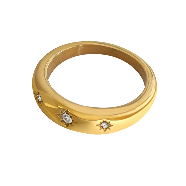 

China Manufacturer Shiny Simple Wedding Zircon Stone Titanium Stainless Steel 18K Gold Plated Women Ring