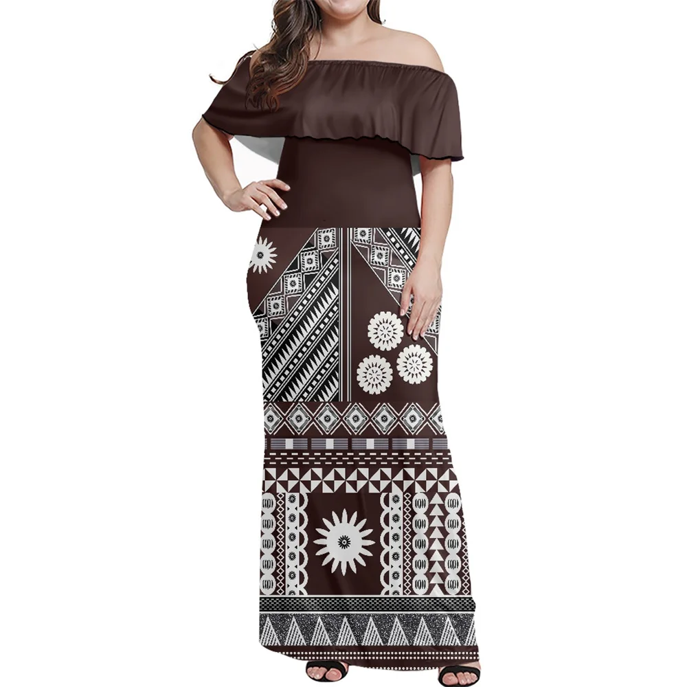 

Guaranteed Service Quality Tank Off Shoulder Dress Polynesian tongan Fijian Tapa Tribal Printed Dress Long Sleeveless Slim Dress, Customized color