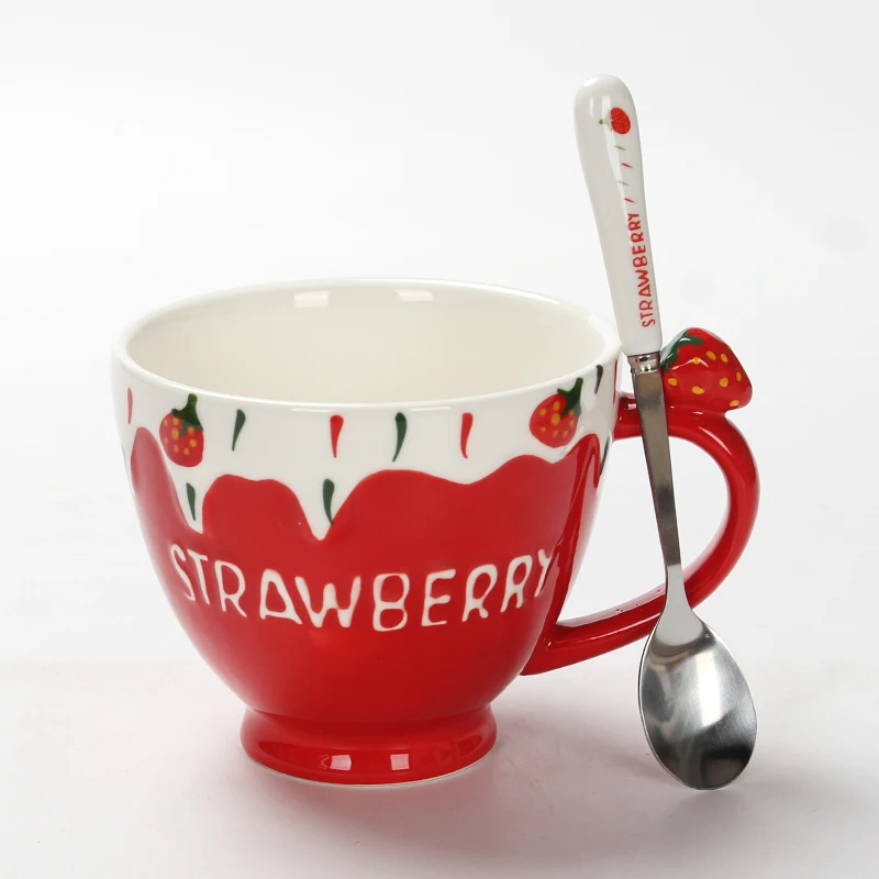 

Wholesale Christmas Style Ceramic Coffee Cup Drinkware Debossed Hand-painting Strawberries Stoneware Mug In Stock