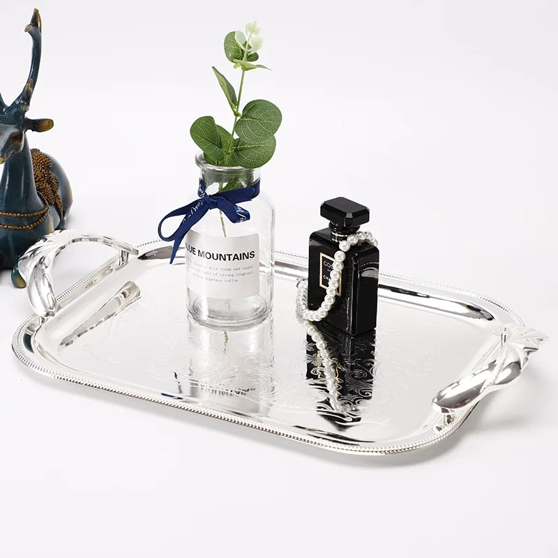 
European Style Custom Logo Galvanized Silver Stainless Steel Metal Fruit Serving Tray With Alloy Handles 