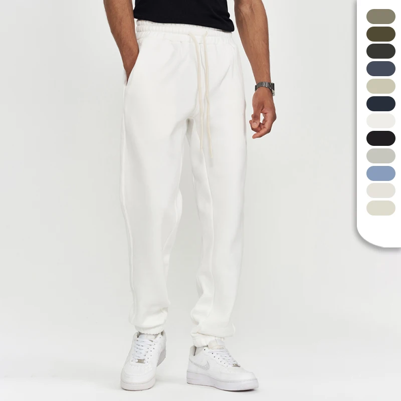 Unisex Custom Logo Knitted Poly-cotton Fleeced Pants Elastic Waist Joggers White Jogging Pants Trackpants