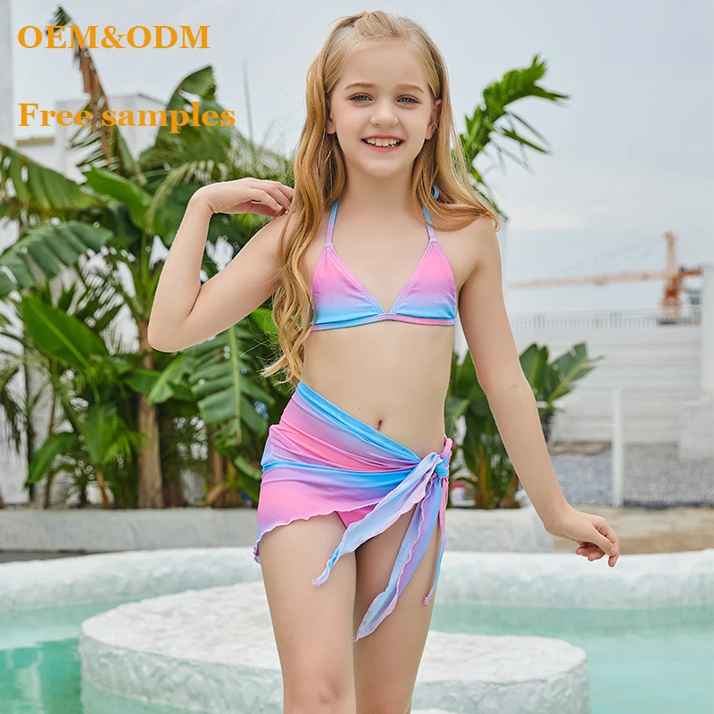 

2022 wholesale girl bikini 15 13 12 year old child kids teen children swimwear micro cover ups beach dress tie dye 3 piece