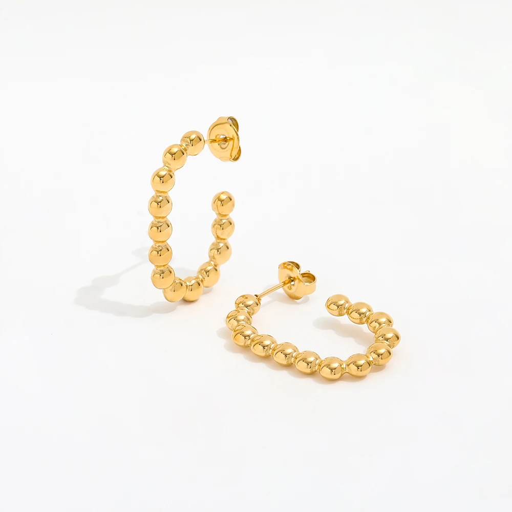 

New Trendy Earring Waterproof Tarnish Free 18K Gold Plated Dainty Bead C Stainless Steel Hoop Earrings
