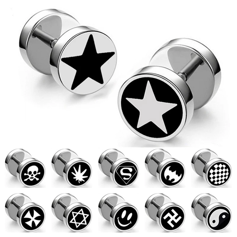 

Fashion Silver Plated Stainless Steel Skull Cross Hexagram Smile Face Plain Men Ear Ring Hip Hop Punk Rock Stud Earring Jewelry, Color plated as shown