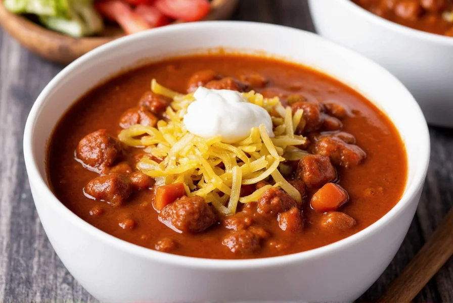 Classic beef chili with tomato sauce served in a white bowl with toppings