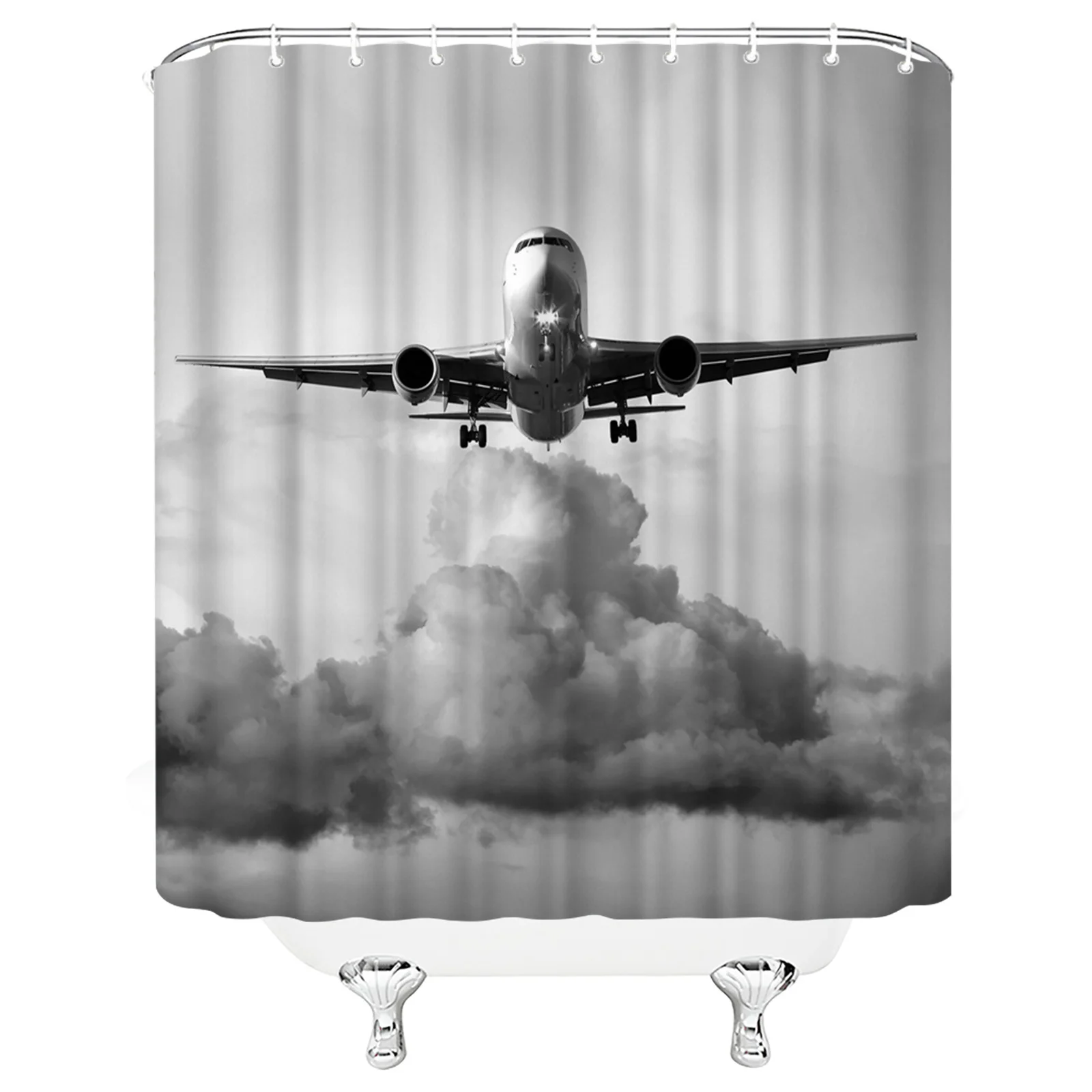

High Quality Grey Color Sky Airplane Waterproof Polyester Bathroom Bath Shower Curtain, Customized color