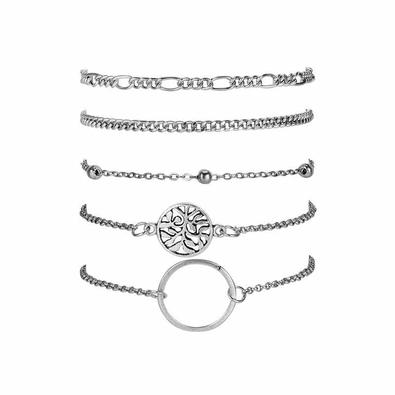 

European and American Cross-border New Jewelry Fashion Simple Hollow Circle Bead Chain Bracelet Geometric Five-piece Bangles, Silver