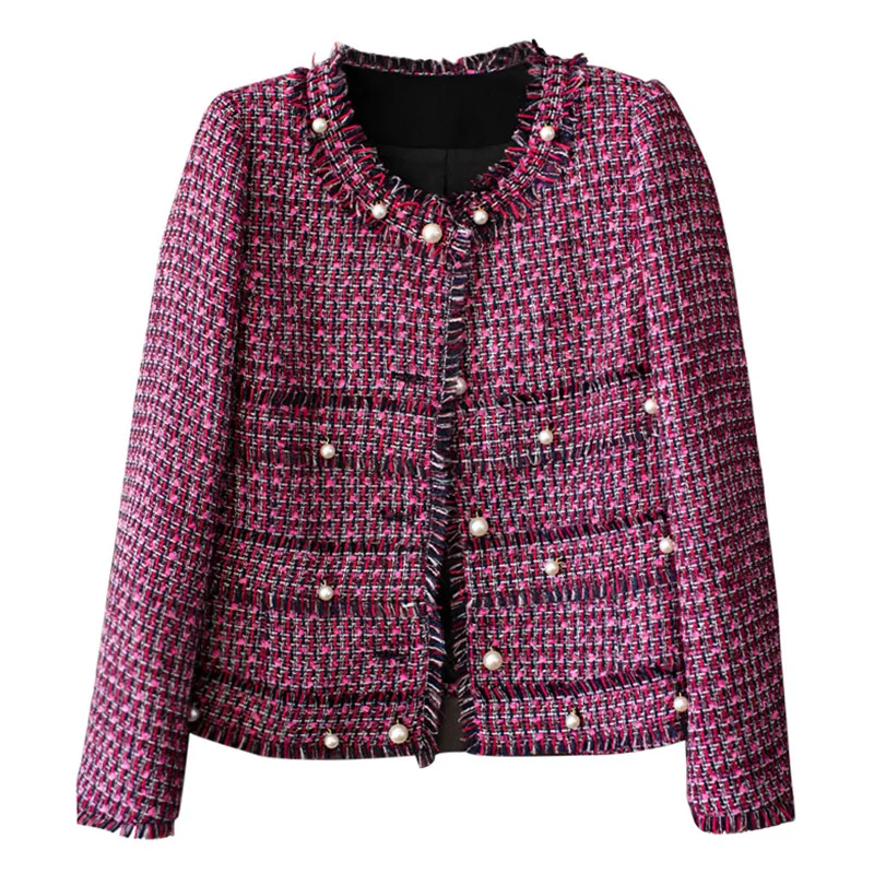 Women Office Formal Clothes Long Sleeves Round Neck Elegant Tweed Jacket