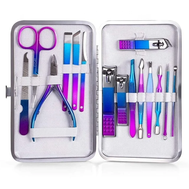 

Professional 15 Pieces Gradient Blue travel Manicure Pedicure Set 15Pcs Toe Nail Clipper Cutter Cuticle tool Kit for Men Women