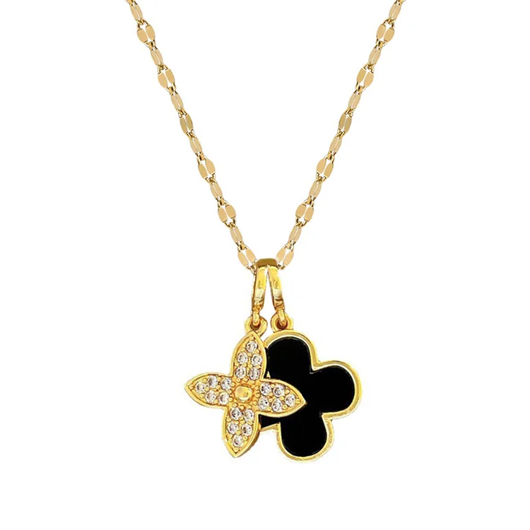 

Wholesale Fashion Jewelry Titanium Steel Luxury Women Choker Diamond Double Layered Flower Clover Necklace