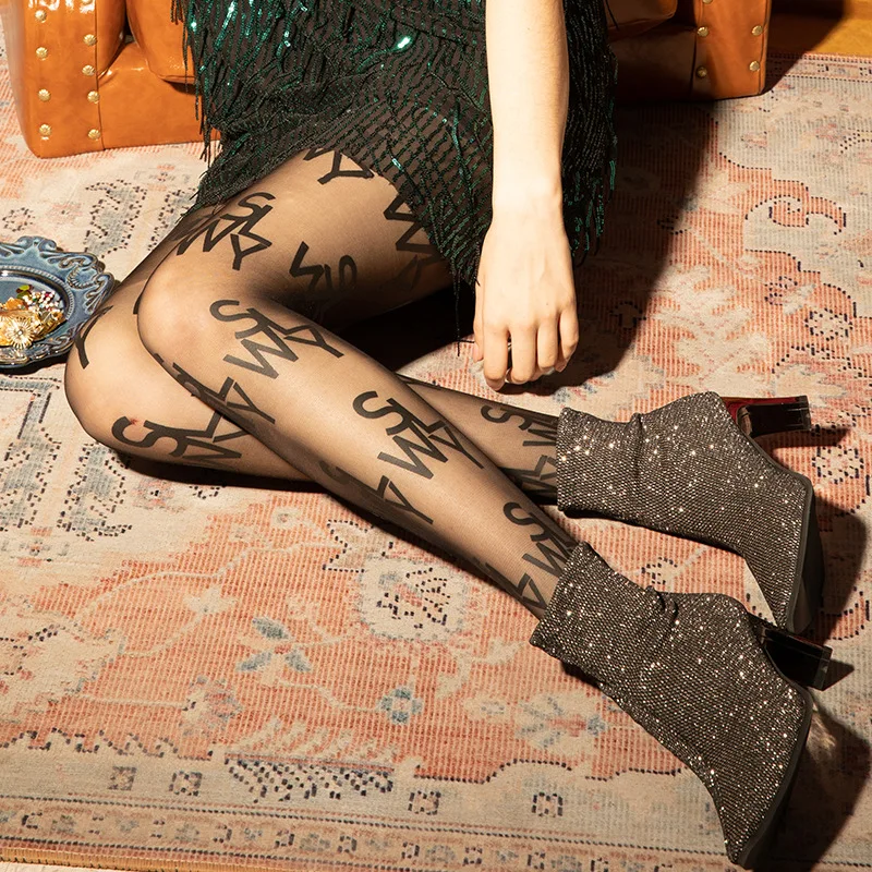 

Letter Print Tattoo Print Letter Silk Pantyhose Black Silk Stockings Women Stockings Beauty Stockings, Custom color