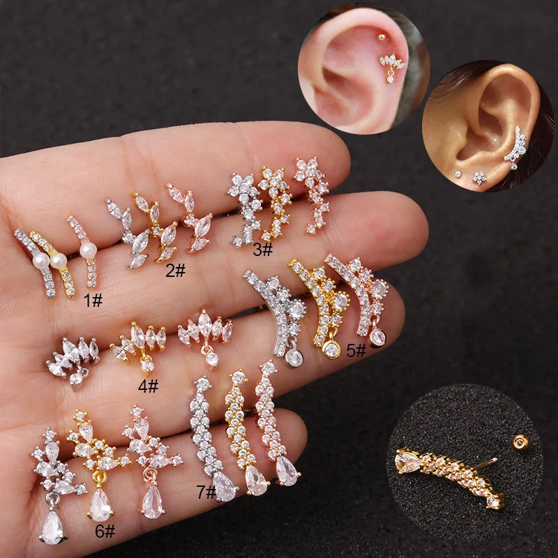 

2021 Sailing Cartilage Helix Tragus Stud Piercing Earrings Moon Star Heart Flower Crown Helix Cartilage Piercing