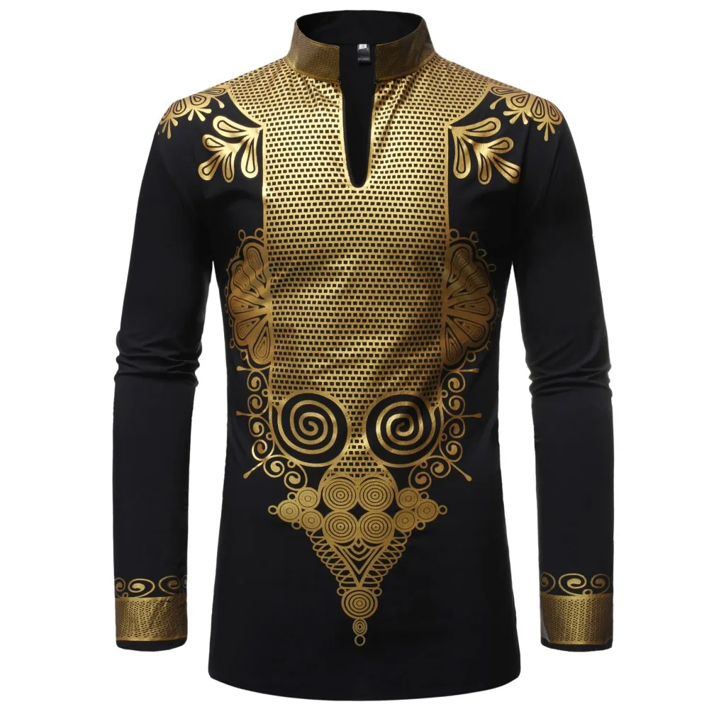 

Arrival New Hot Africa Clothing Mens Print Stamping Stand Up Collar Long Sleeve African Dashiki Style Shirt, Shown