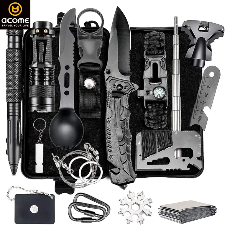 

14 in 1 Outdoor survival kit Set Camping Travel Multifunction First aid SOS EDC Emergency Supplies Tactical for Wilderness tool, Black/orange